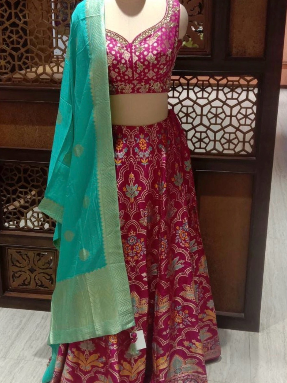 Magenta Floral Lehenga with Green/Aqua Accent Dupatta